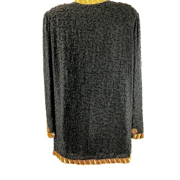 Vintage Laurence Kazar Heavy Sequined Silk Gold Black Evening Jacket XL Military - Picture 6 of 14
